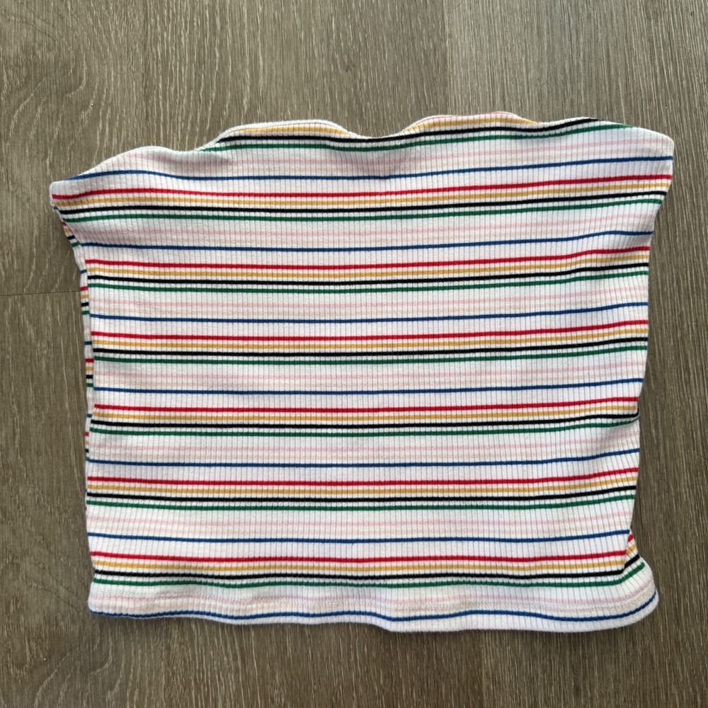 American Eagle Tube Top Womens L White Rainbow Stripe Ribbed Knit Strapless Crop